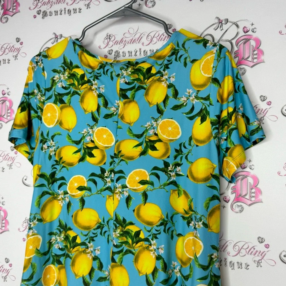 Yelete dress Lemon Print Blue yellow pockets on sides Tshirt style - Picture 4 of 11
